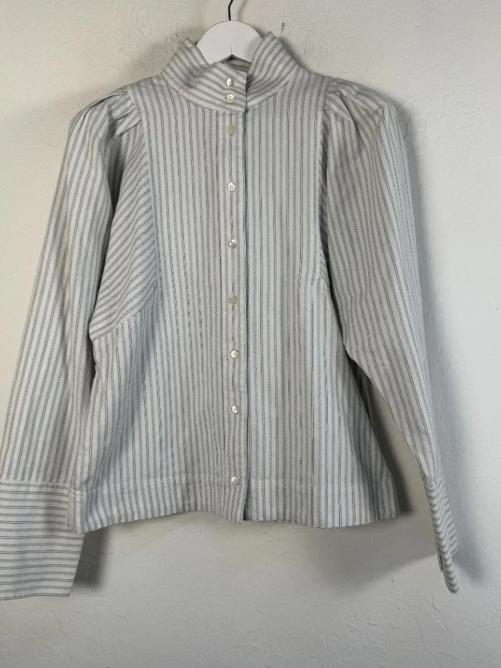 Banana Republic Shirt Women's Samll Tall Striped Puff Sleeve Stand Collar Button